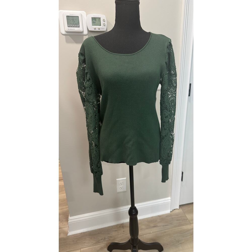 Eyelet Lace Sweater Long Sleeve Lightweight Puff Sleeve Green Cato Women Medium